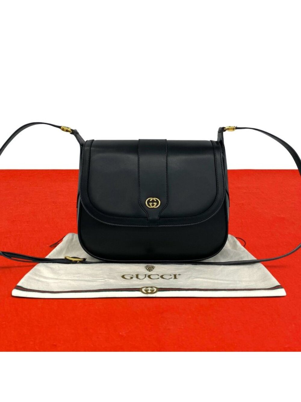 Gucci Vintage GG Logo Leather Shoulder Bag Pochette Black